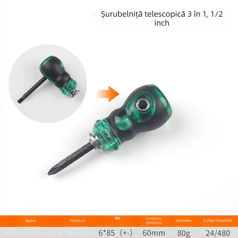 FUTE șurubelniță mini telescopic cu clichet bidirecțional, cap de tăiere din oțel carbon, magnetică și izolată, cu cap în formă de ridiche