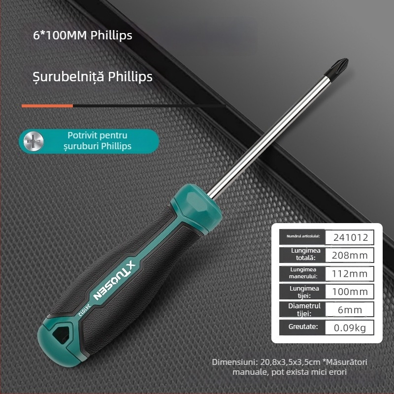 xTuosen Șurubelniță magnetică din oțel cu carbon, mâner cauciucat — neizolată