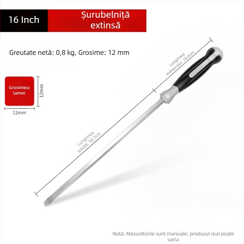 Șurubelniță industrială cu tijă lungă, 1000 mm, oțel Cr-V, neizolată, fără magnet, 1,21 kg, utilizare multiplă