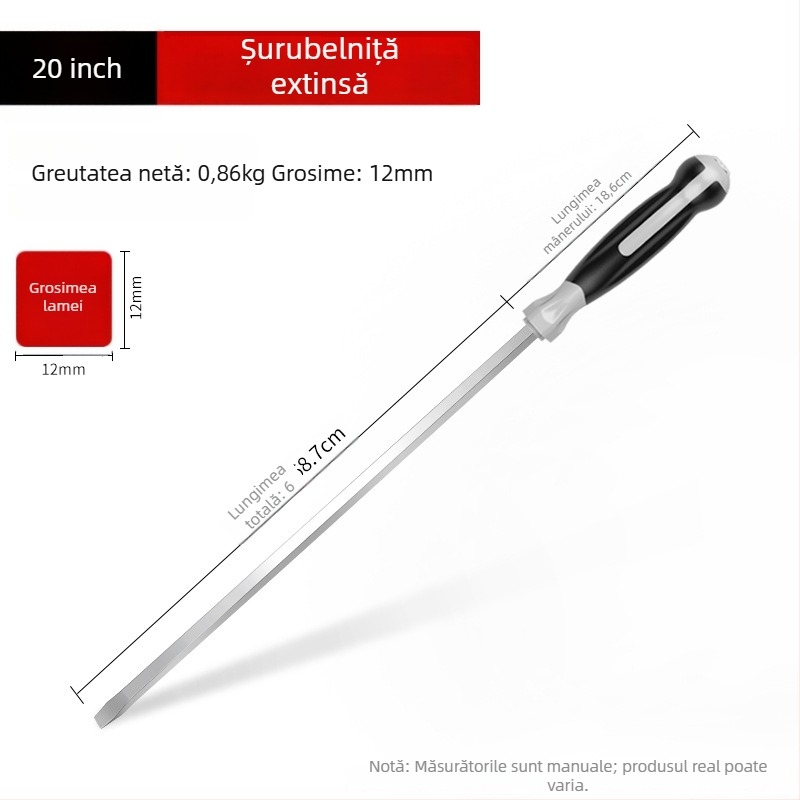 Șurubelniță industrială cu tijă lungă, 1000 mm, oțel Cr-V, neizolată, fără magnet, 1,21 kg, utilizare multiplă