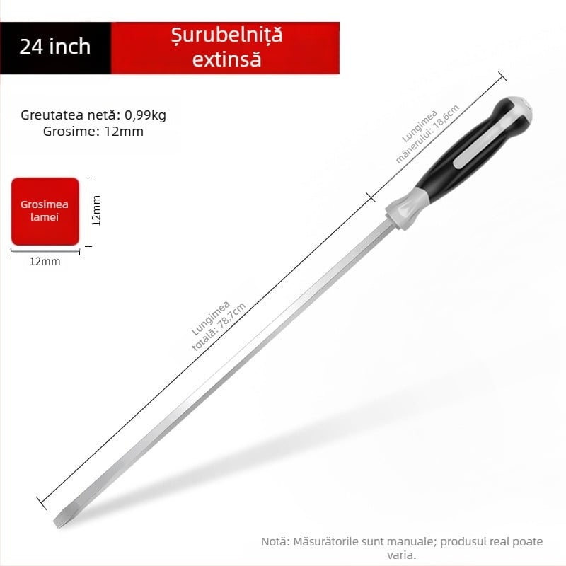 Șurubelniță industrială cu tijă lungă, 1000 mm, oțel Cr-V, neizolată, fără magnet, 1,21 kg, utilizare multiplă