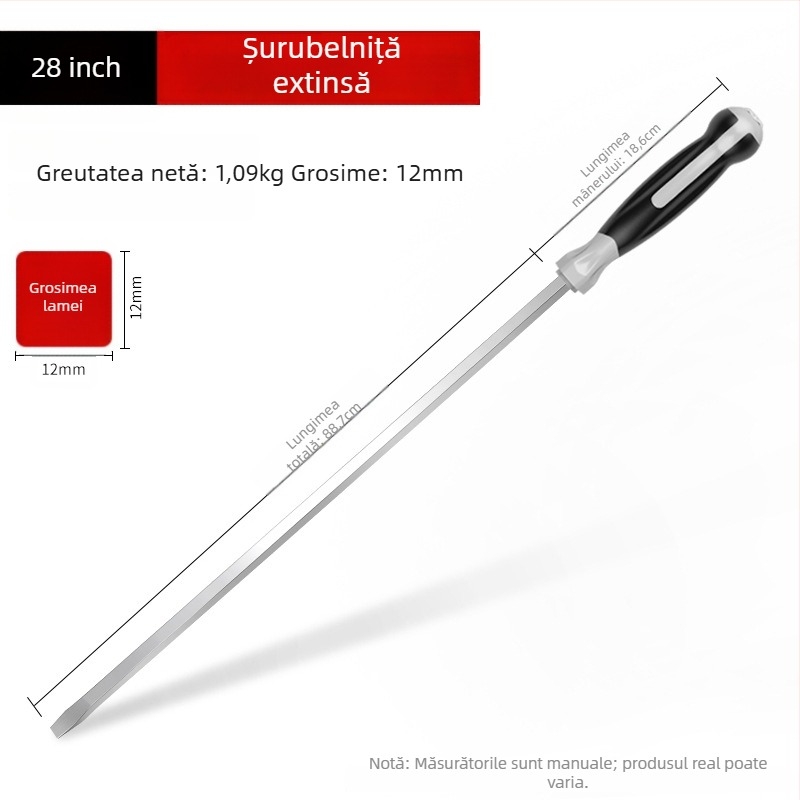 Șurubelniță industrială cu tijă lungă, 1000 mm, oțel Cr-V, neizolată, fără magnet, 1,21 kg, utilizare multiplă