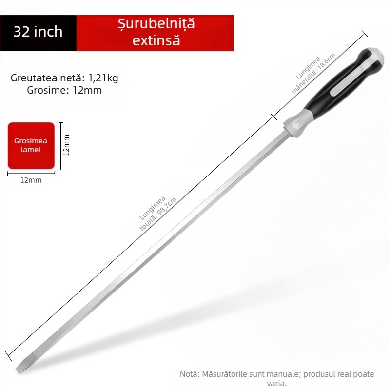 Șurubelniță industrială cu tijă lungă, 1000 mm, oțel Cr-V, neizolată, fără magnet, 1,21 kg, utilizare multiplă