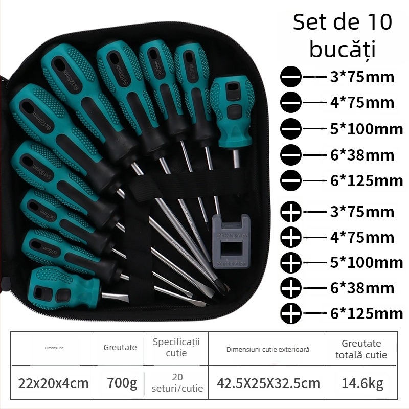Set magnetic de șurubelnițe cu cap cruce, din oțel carbon, 10 piese