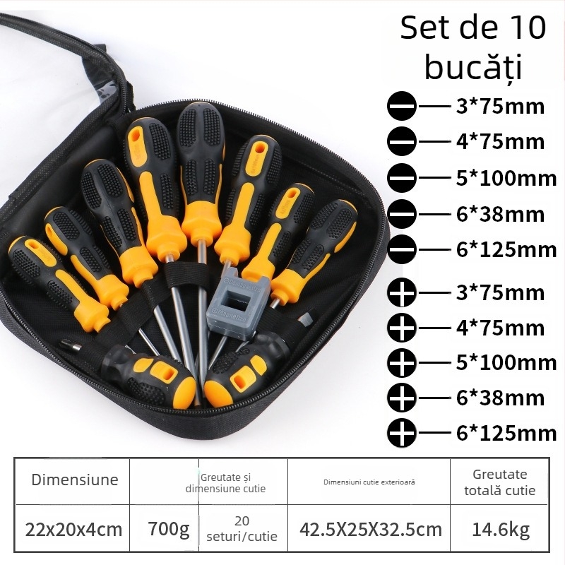 Set magnetic de șurubelnițe cu cap cruce, din oțel carbon, 10 piese