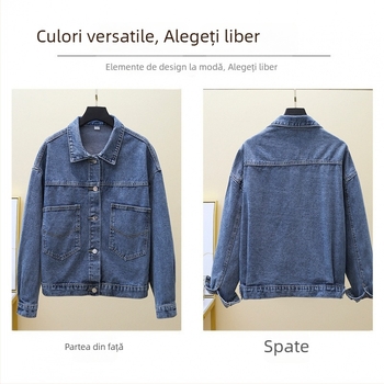 Geacă denim pentru femei, stil coreean, croială lejeră, mâneci lungi, guler polo, toamnă 2025