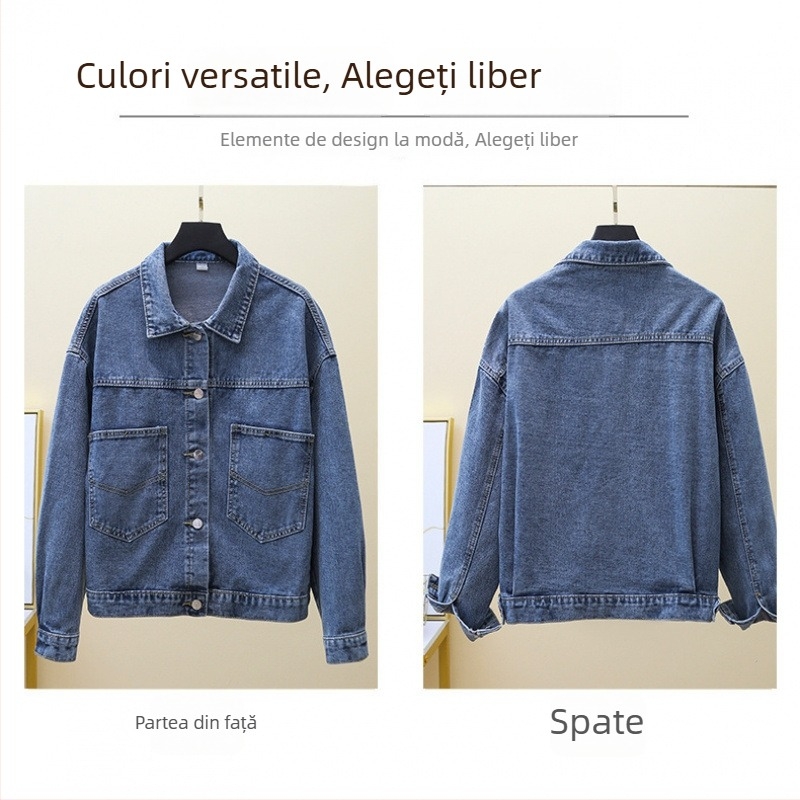Geacă denim pentru femei, stil coreean, croială lejeră, mâneci lungi, guler polo, toamnă 2025