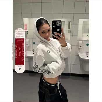 F383 Cardigan-sweatshirt cu imprimeu de litere, din bumbac-poliester, glugă, fermoar, croială lejeră, mâneci lungi