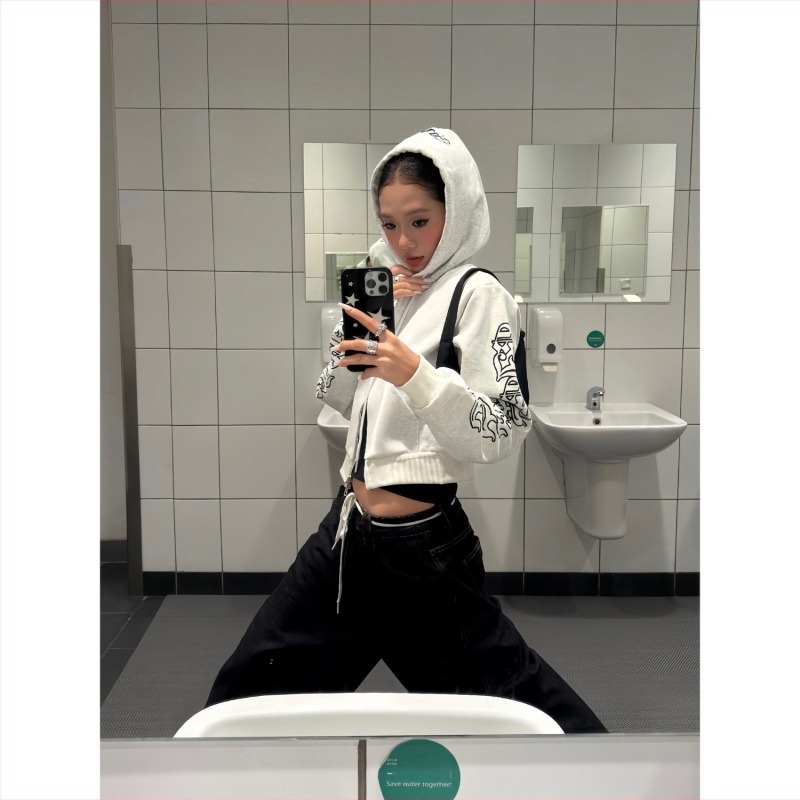 F383 Cardigan-sweatshirt cu imprimeu de litere, din bumbac-poliester, glugă, fermoar, croială lejeră, mâneci lungi