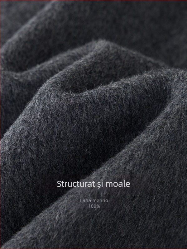 Palton din lână pentru femei, guler de halat, lână dublu față, croială lejeră, lungime medie, mâneci lungi