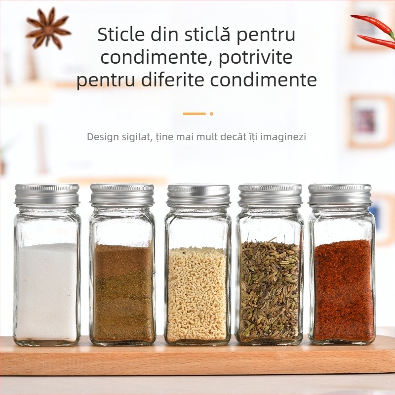 Sticlă pătrată pentru condimente – recipient de bucătărie din sticlă pentru condimente solide, logo imprimat și personalizare
