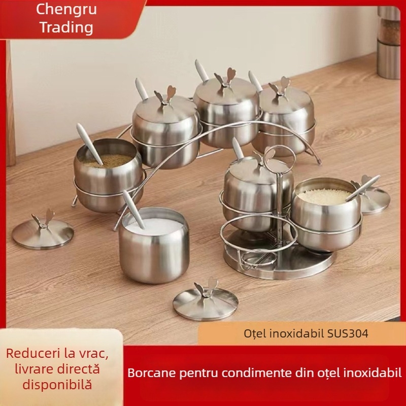 Borcan pentru condimente din oțel inoxidabil 304 – recipient rotund îngroșat pentru sare, ulei, zahăr și ardei iute – accesorii bucătărie