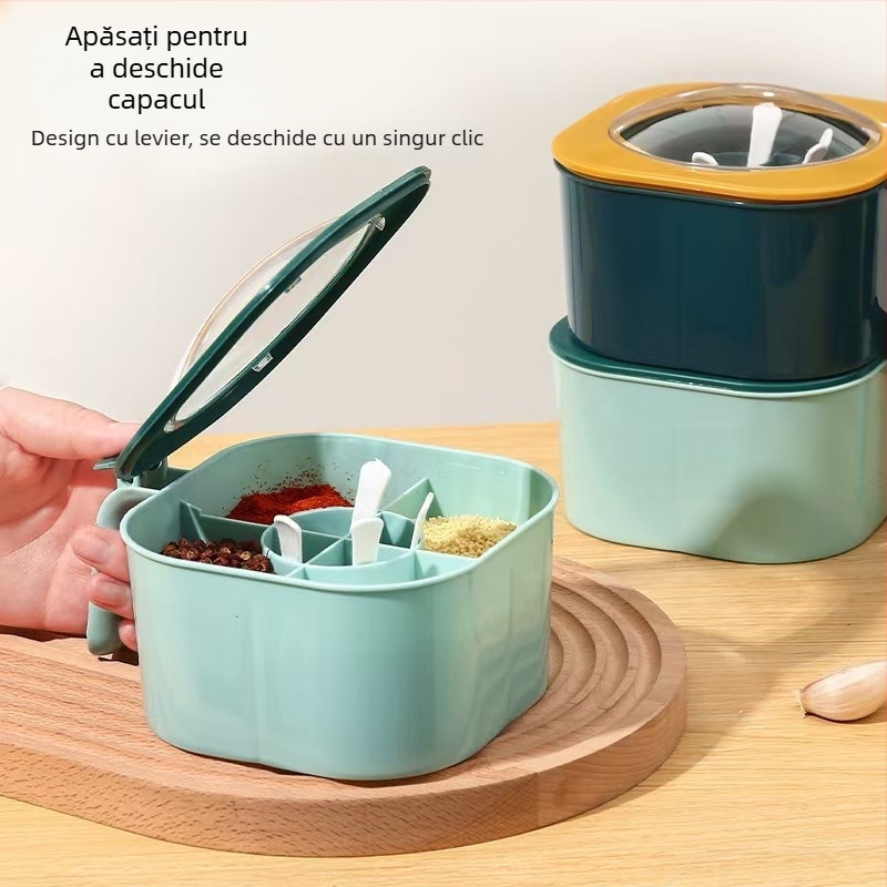 Cutie pentru condimente cu capac, organizator de bucătărie cu mai multe compartimente pentru condimente solide, din plastic, stil nordic