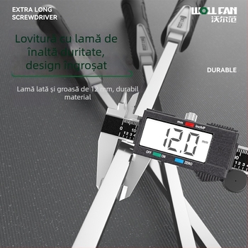 Șurubelniță industrială extralongă cu cap plat, din oțel Cr-V, neizolată, nemagnetică, mâner din material adeziv