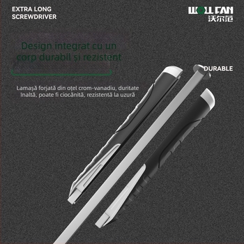Șurubelniță industrială extralongă cu cap plat, din oțel Cr-V, neizolată, nemagnetică, mâner din material adeziv