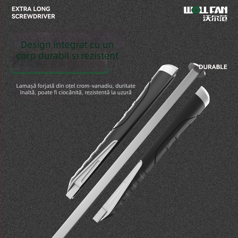 Șurubelniță industrială extralongă cu cap plat, din oțel Cr-V, neizolată, nemagnetică, mâner din material adeziv