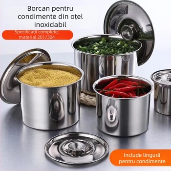 Recipient din oțel inoxidabil pentru condimente cu capac – vas de ulei pentru bucătării casnice și comerciale, stil minimalist modern, logo inclus, toate într-unul