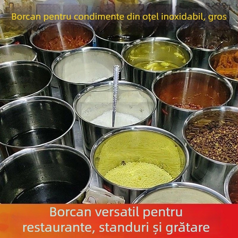 Recipient din oțel inoxidabil pentru condimente cu capac – vas de ulei pentru bucătării casnice și comerciale, stil minimalist modern, logo inclus, toate într-unul