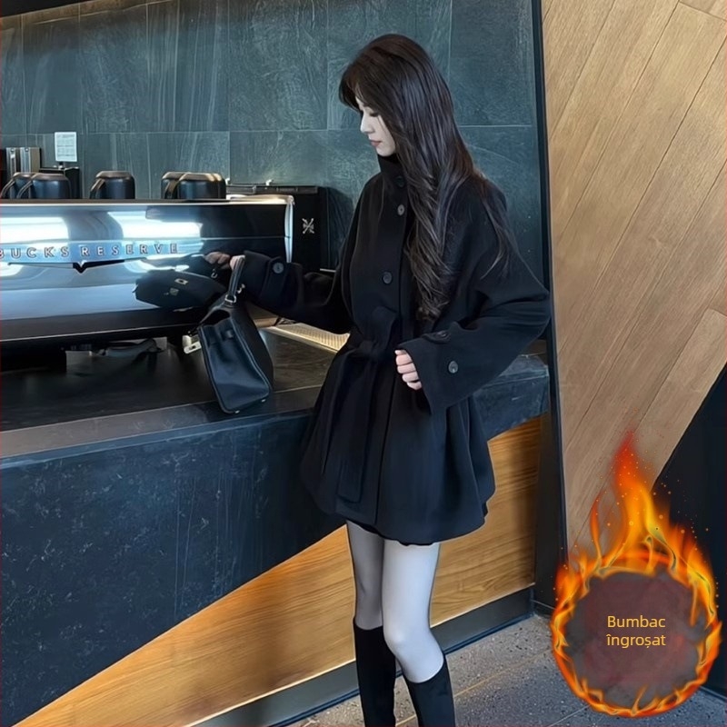 Palton femei din poliester, uni, lungime medie, guler polo, închidere cu nasturi pe un rând, mâneci lungi, stil urban de navetă