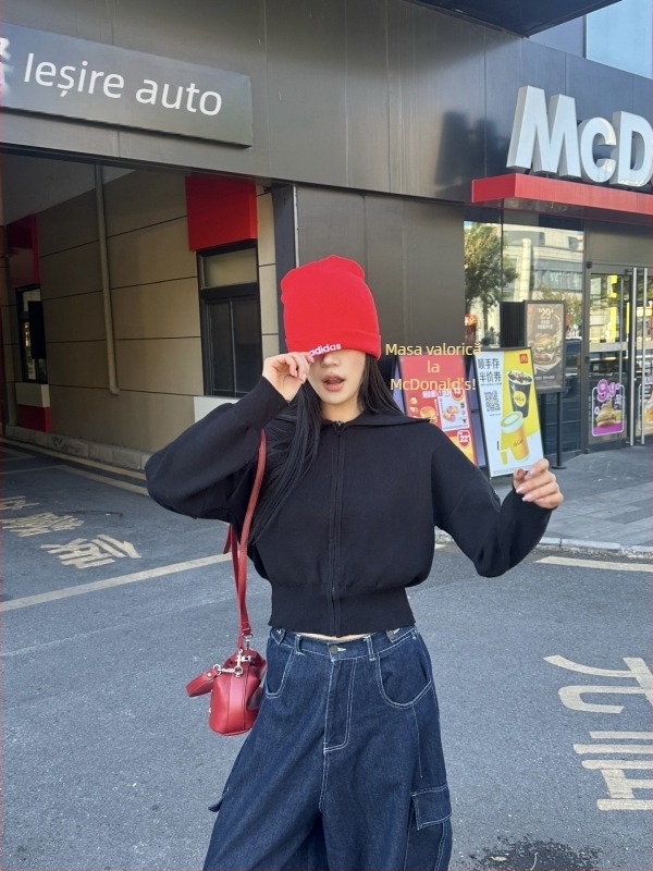 Cardigan cu fermoar și guler înalt, croială lejeră, lungime scurtă 40-50 cm, tricot din acril și poliester, stil japano-coreean casual