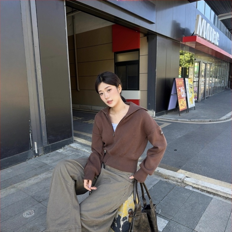 Cardigan cu fermoar și guler înalt, croială lejeră, lungime scurtă 40-50 cm, tricot din acril și poliester, stil japano-coreean casual