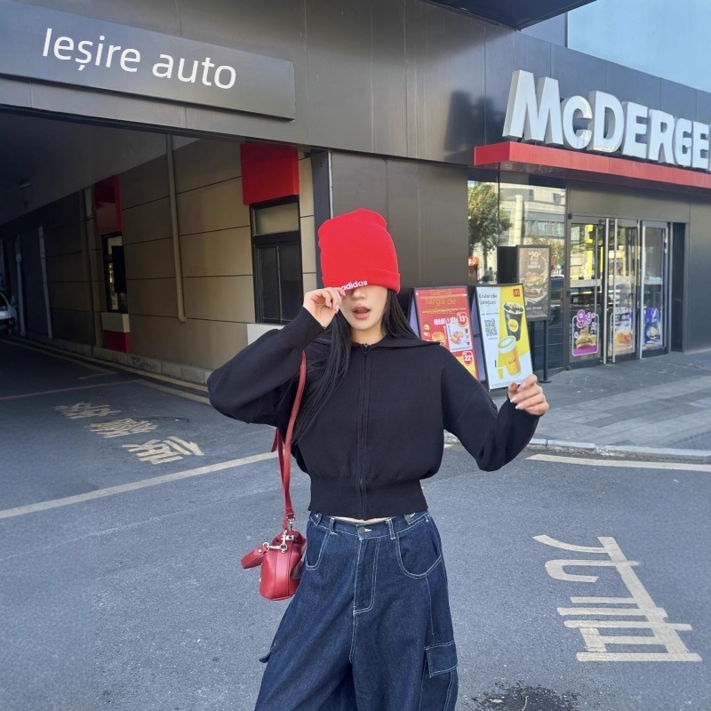 Cardigan cu fermoar și guler înalt, croială lejeră, lungime scurtă 40-50 cm, tricot din acril și poliester, stil japano-coreean casual