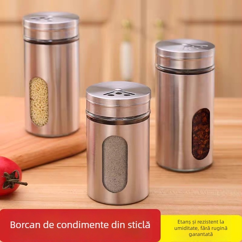 Borcan de condimente din sticlă, stil modern minimalist, potrivit pentru condimente solide, imprimare siglei disponibilă, lansare în 2025.