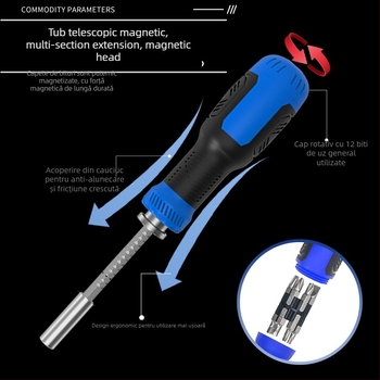 Set de șurubelnițe 77 în 1, cu capete telescopice și mecanism fix, magnetice și izolate, din oțel crom-vanadiu