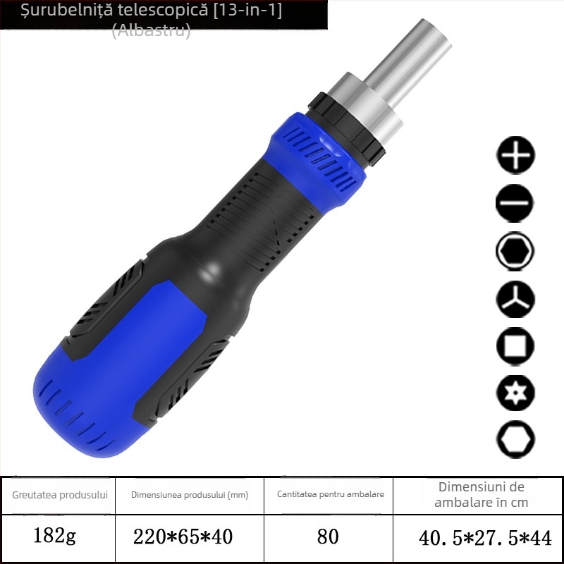 Set de șurubelnițe 77 în 1, cu capete telescopice și mecanism fix, magnetice și izolate, din oțel crom-vanadiu
