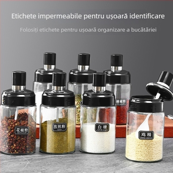Set de borcane de condimente din sticlă cu capac cu linguriță integrat — include borcănel de sare, borcănel pentru glutamat de sodiu (MSG), sticluță sos de soia
