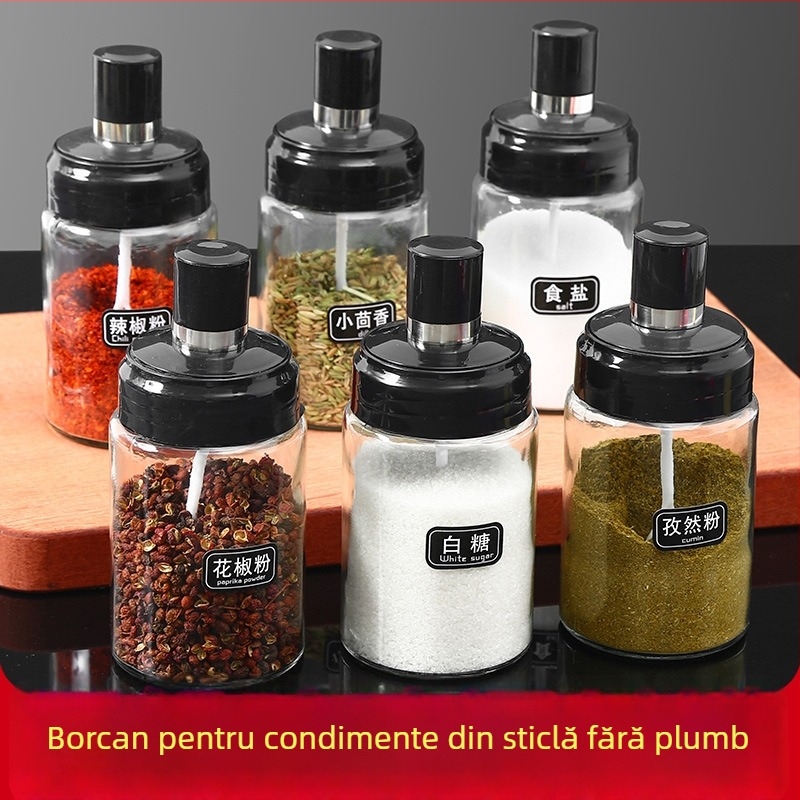 Set de borcane de condimente din sticlă cu capac cu linguriță integrat — include borcănel de sare, borcănel pentru glutamat de sodiu (MSG), sticluță sos de soia