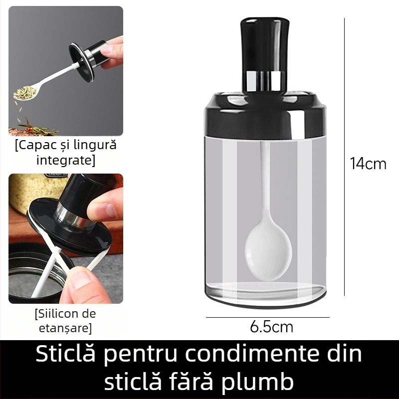 Set de borcane de condimente din sticlă cu capac cu linguriță integrat — include borcănel de sare, borcănel pentru glutamat de sodiu (MSG), sticluță sos de soia