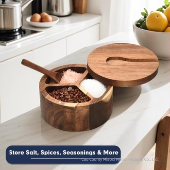 Cutie de condimente din lemn, capac rotativ, depozitare cu compartimente, personalizabilă cu logo