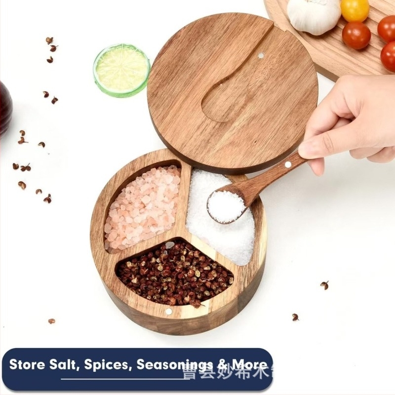 Cutie de condimente din lemn, capac rotativ, depozitare cu compartimente, personalizabilă cu logo