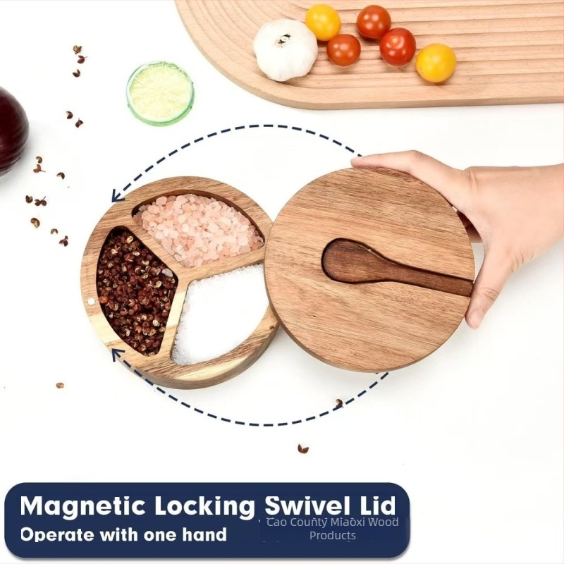 Cutie de condimente din lemn, capac rotativ, depozitare cu compartimente, personalizabilă cu logo