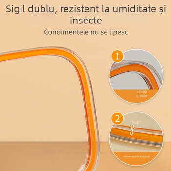 Cutie pentru condimente cu patru compartimente, etanșă, cu recipient integrat pentru sare și MSG – organizator de bucătărie din plastic, set complet