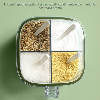 Cutie pentru condimente cu patru compartimente, etanșă, cu recipient integrat pentru sare și MSG – organizator de bucătărie din plastic, set complet