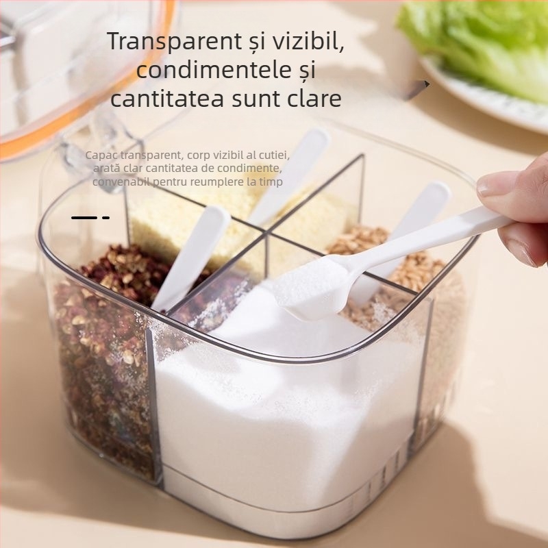 Cutie pentru condimente cu patru compartimente, etanșă, cu recipient integrat pentru sare și MSG – organizator de bucătărie din plastic, set complet