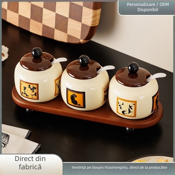 Set borcane ceramice pentru condimente cu capac – pentru condimente solide, stil japonez vintage