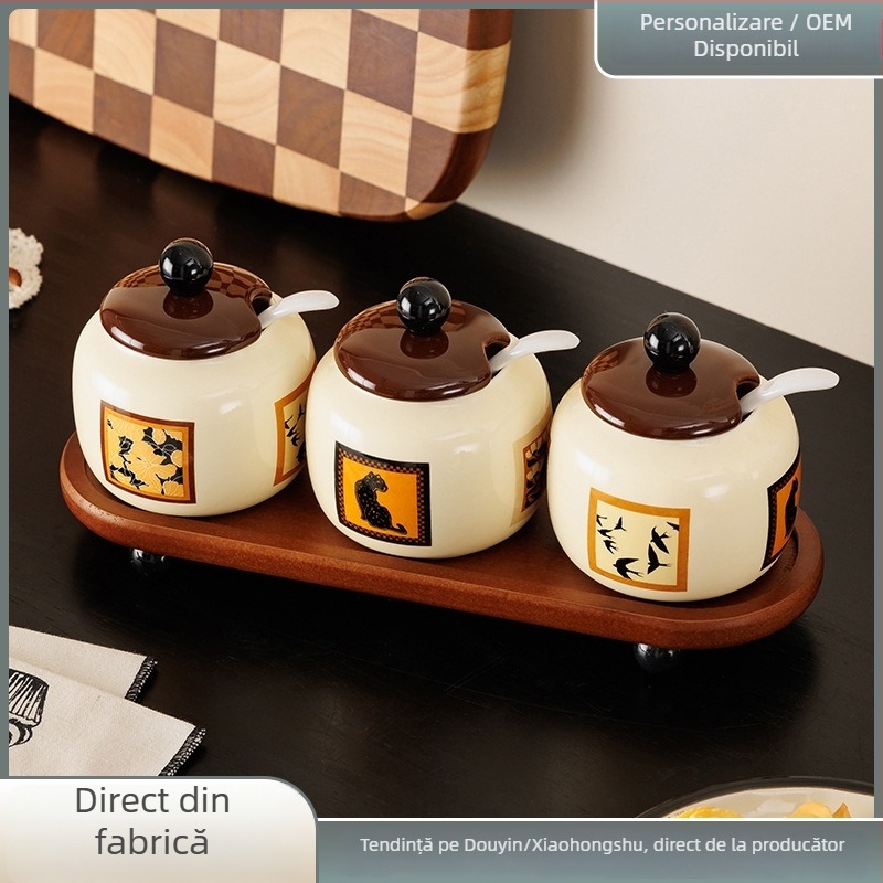 Set borcane ceramice pentru condimente cu capac – pentru condimente solide, stil japonez vintage