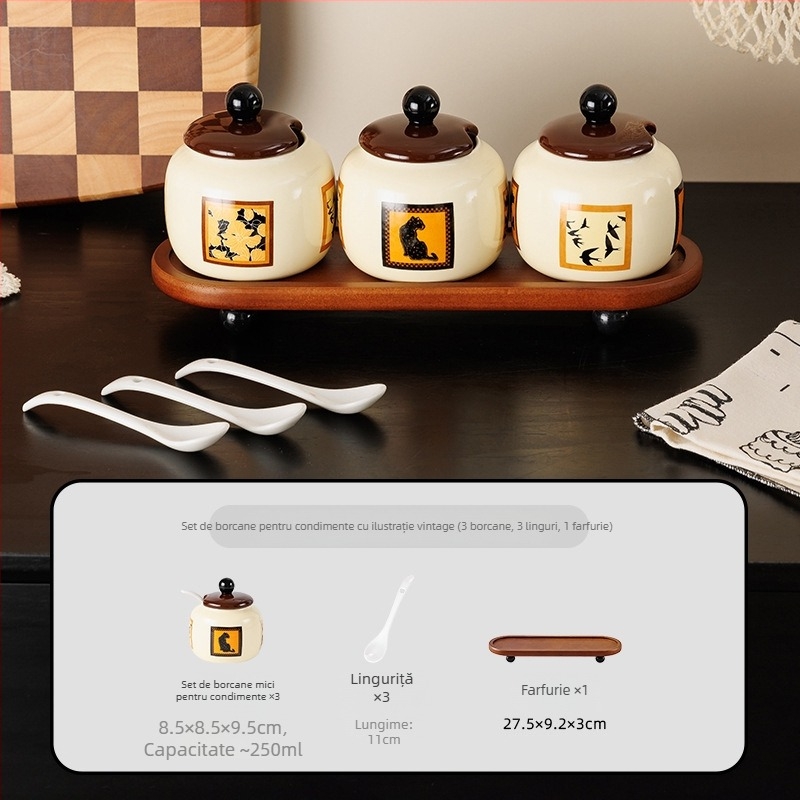 Set borcane ceramice pentru condimente cu capac – pentru condimente solide, stil japonez vintage