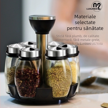Sticle de condimente din sticlă pe bază rotativă, set de 7 piese, personalizabil pentru condimente uscate