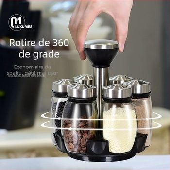 Sticle de condimente din sticlă pe bază rotativă, set de 7 piese, personalizabil pentru condimente uscate