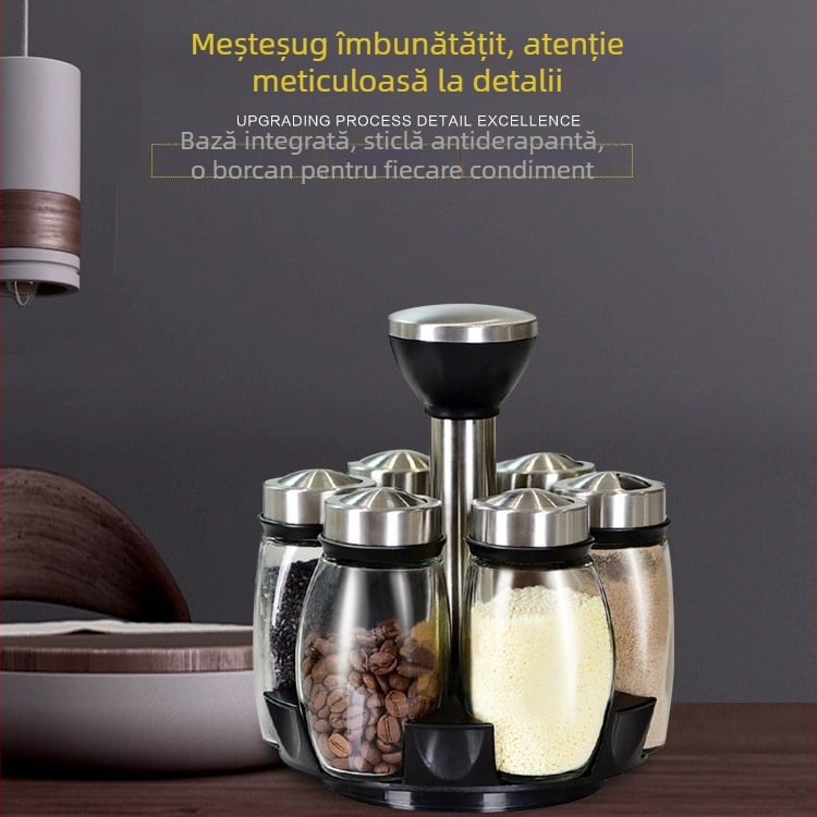 Sticle de condimente din sticlă pe bază rotativă, set de 7 piese, personalizabil pentru condimente uscate