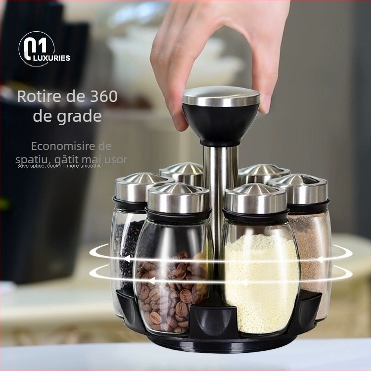 Sticle de condimente din sticlă pe bază rotativă, set de 7 piese, personalizabil pentru condimente uscate