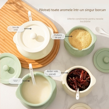 Vază ceramică pentru condimente lichide, cu mâner dublu, capac și linguriță; rezistent la temperaturi înalte