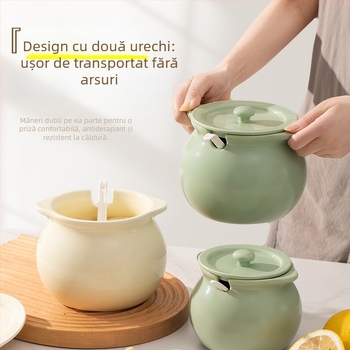 Vază ceramică pentru condimente lichide, cu mâner dublu, capac și linguriță; rezistent la temperaturi înalte