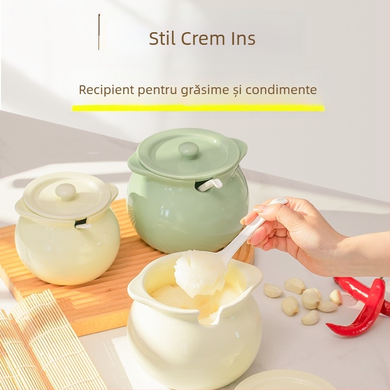 Vază ceramică pentru condimente lichide, cu mâner dublu, capac și linguriță; rezistent la temperaturi înalte