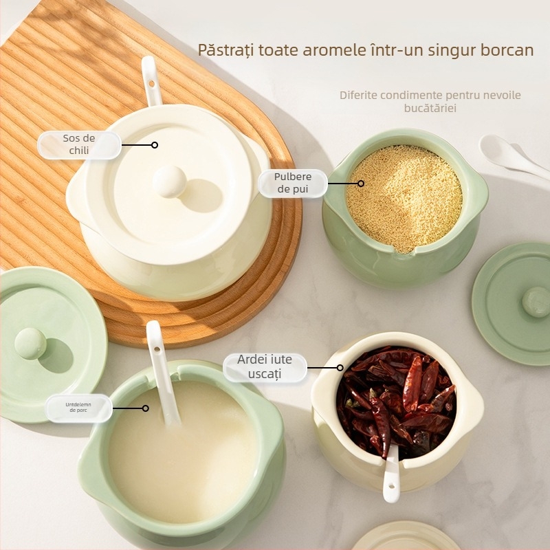 Vază ceramică pentru condimente lichide, cu mâner dublu, capac și linguriță; rezistent la temperaturi înalte