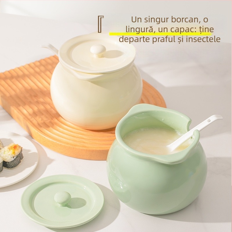 Vază ceramică pentru condimente lichide, cu mâner dublu, capac și linguriță; rezistent la temperaturi înalte